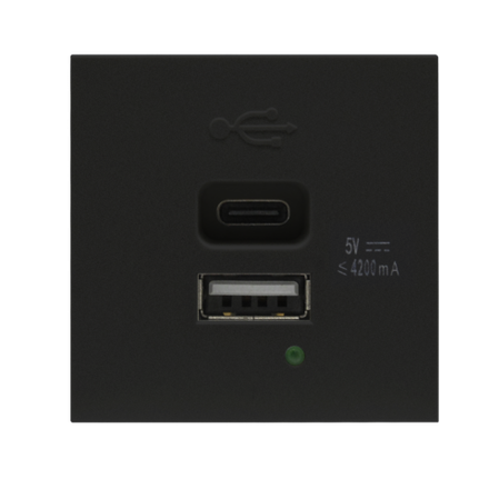 USB зарядное устройство,  4.2A ,  Type A + C,  2 мод.,  черн. матовая (45х45мм)