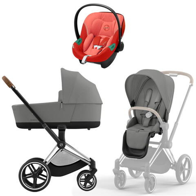 Коляска 3 в 1 Cybex Priam IV Chrome Brown complete и автокресло Aton S2 i-Size Hibiscus Red Mirage Grey