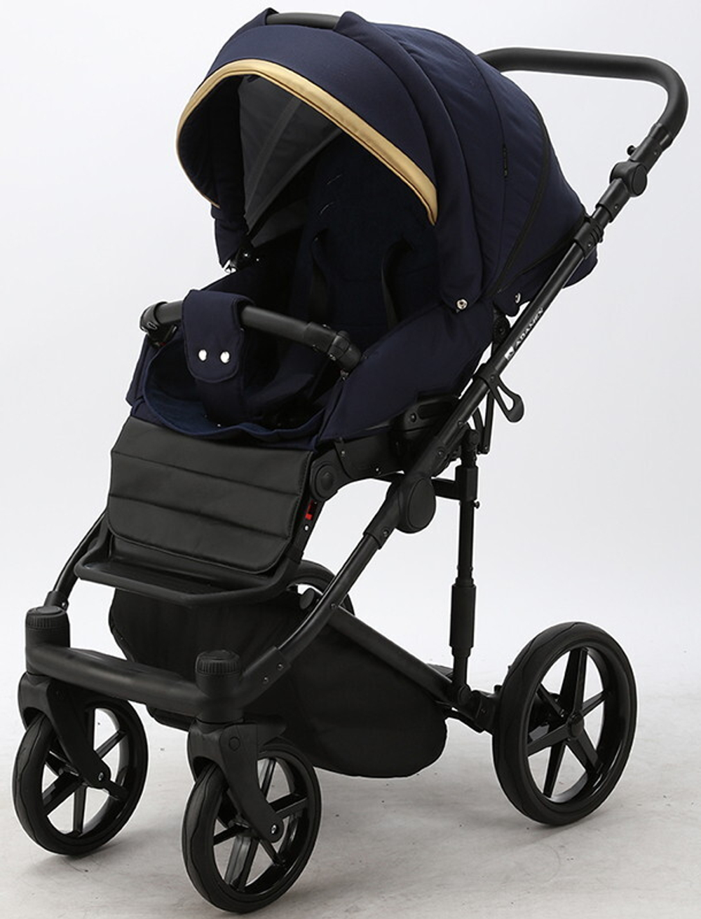 Детская коляска Adamex Rimini 2 в 1 RI58-LUX Т.СИН+Т.СИН.ПЕРЛ.КОЖА+ЗОЛОТО.ОТДЕЛКА