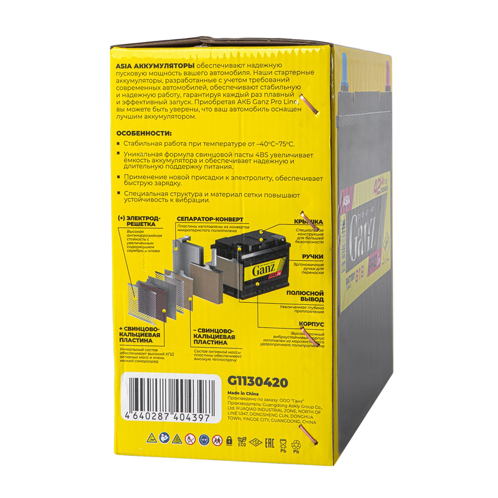 Аккумулятор GANZ PRO-Line JIS 42 А/ч обратный R+ 195x127x220 B19 EN 380 А