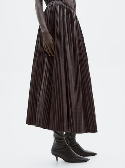Massimo Dutti Длинная плиссированная юбка из кожи наппа - Limited Edition, коричневый
