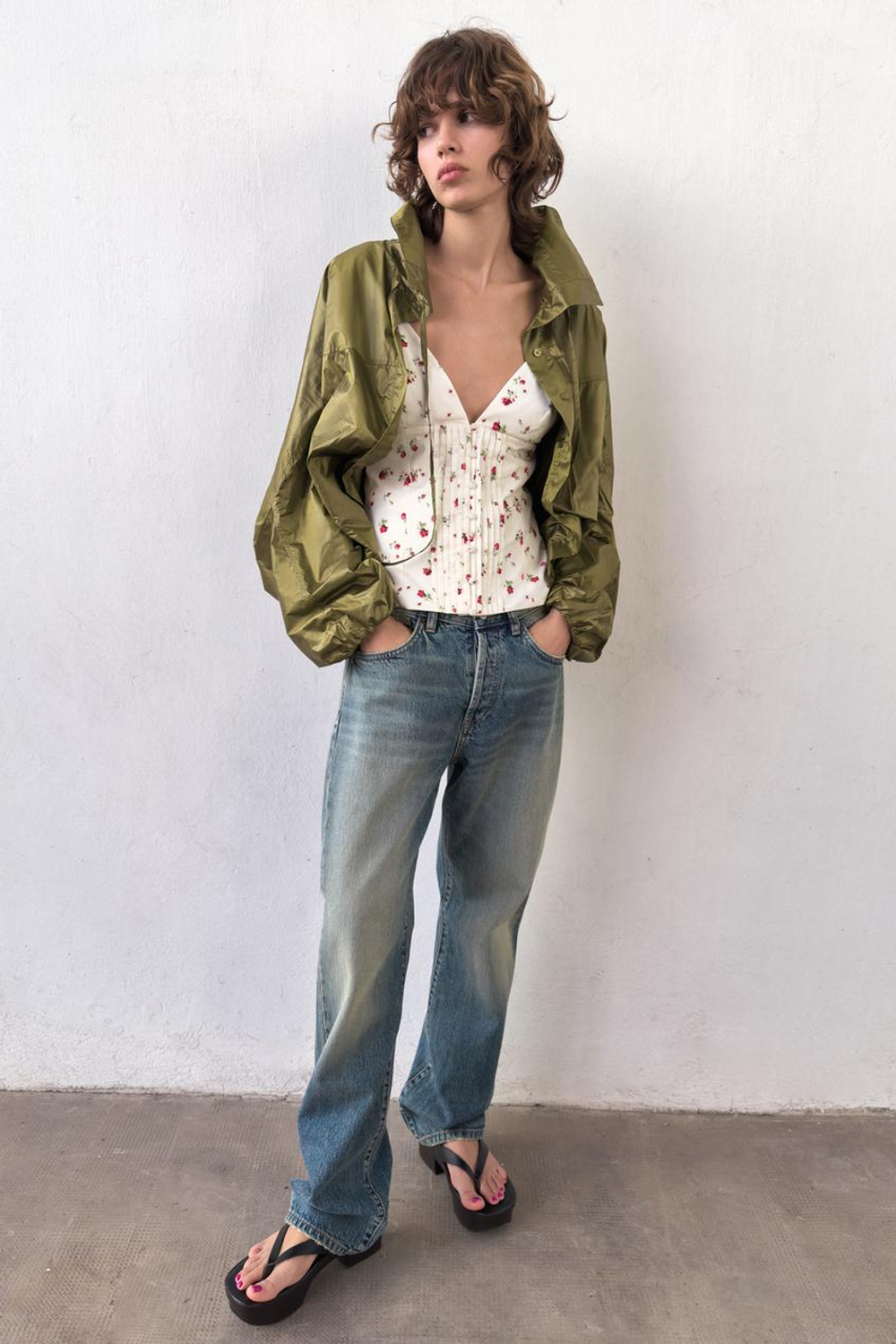 ZARA ТОП С БРЕТЕЛЯМИ И СКЛАДКАМИ, ЭКРЮ/КРАСНЫЙ