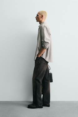 ZARA РУБАШКА RELAXED FIT В ПОЛОСКУ, СЕРЫЙ