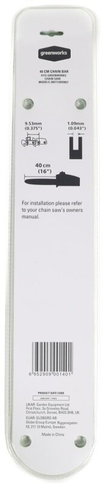 Шина Greenworks 29757, для цепной пилы, 16 дюймов, 40 звеньев, 3/8 дюйма
