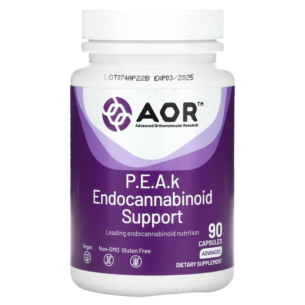 Advanced Orthomolecular Research AOR, PEAk Endocannabinoid, поддержка, улучшенная формула, 400 мг, 90 капсул