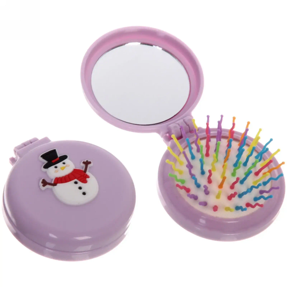 Расчёска массажная складная с зеркалом «Веселый Снеговичок», цвет микс, d-6см