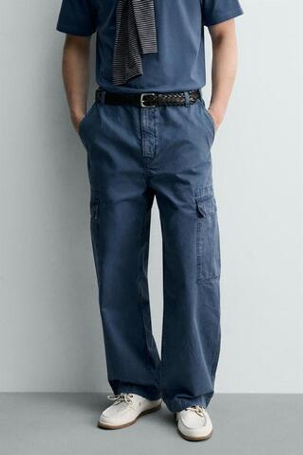 ZARA БРЮКИ КАРГО RELAXED FIT С ЭФФЕКТОМ ПОТЕРТОСТИ, СИНИЙ