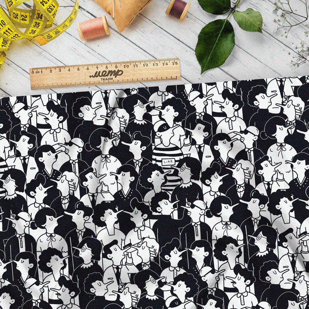 Ткань таффета чёрно-белые фигурки людей