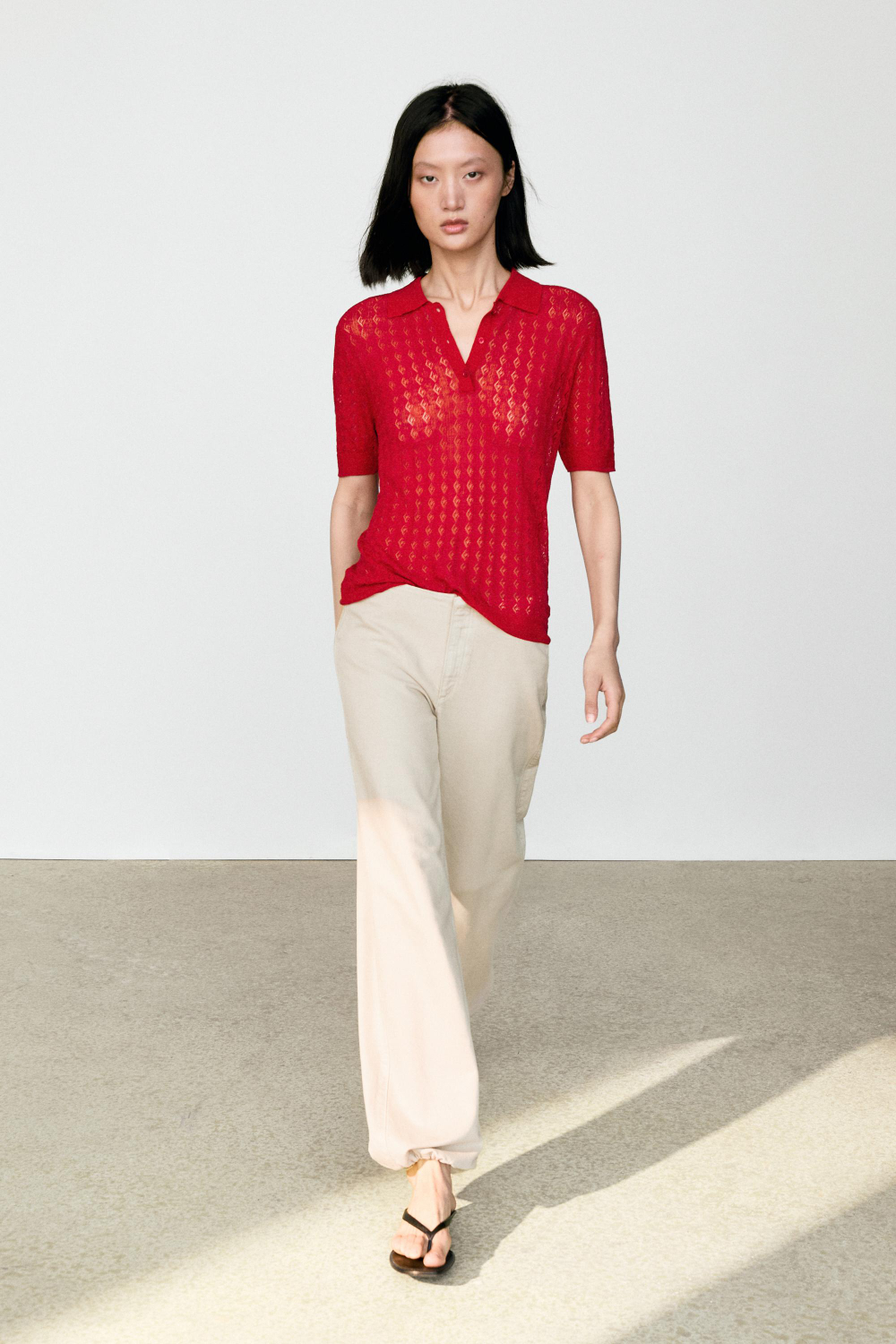 Massimo Dutti Трикотажное поло с ажурным узором, красный