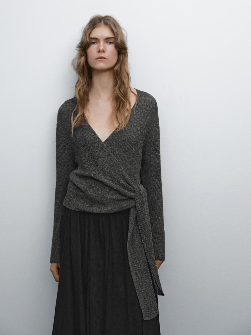 Massimo Dutti Кардиган внахлест с завязками, серый меланж