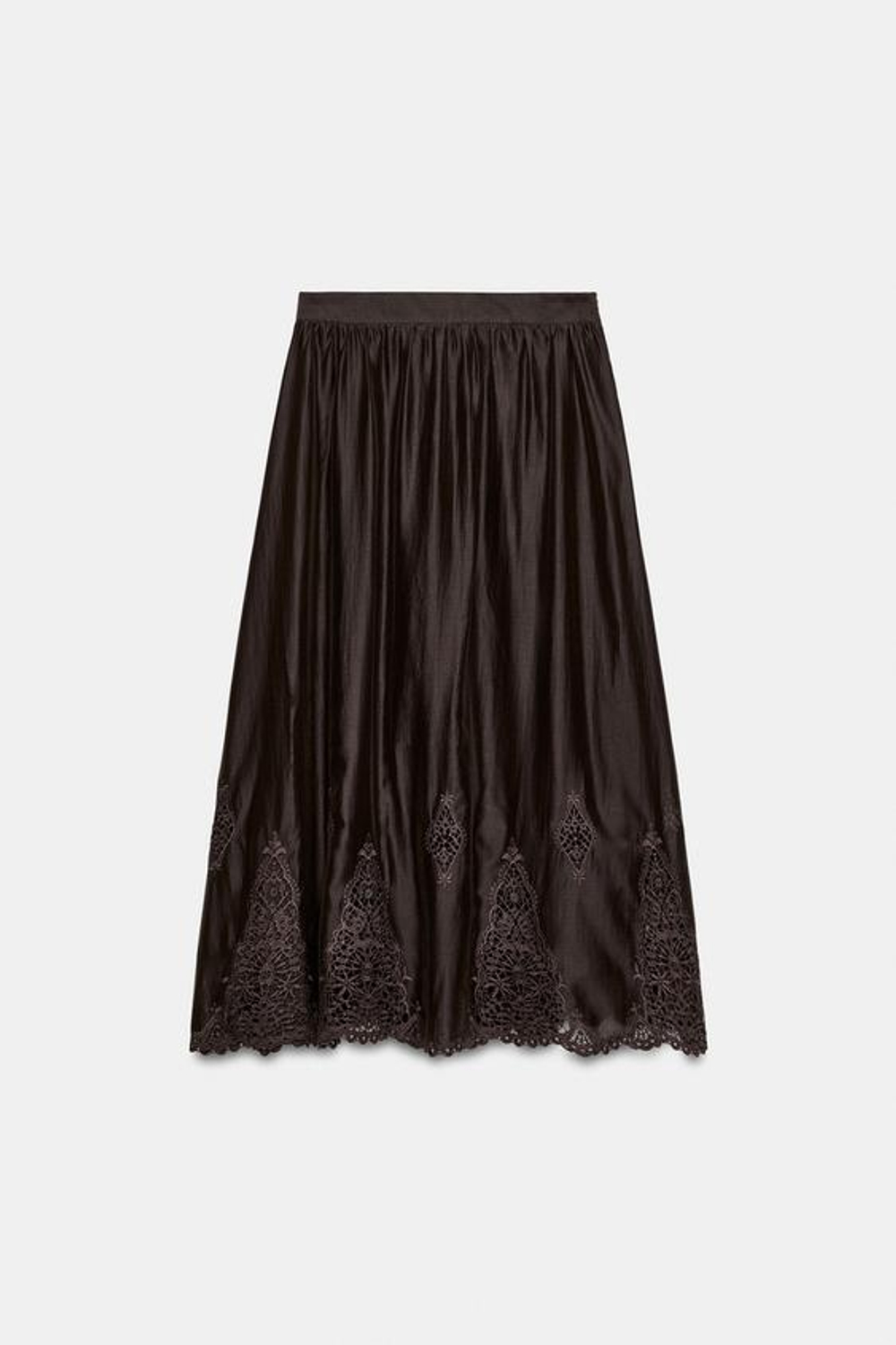 ZARA ОБЪЕМНАЯ ЮБКА МИДИ С ВЫШИВКОЙ, КОРИЧНЕВЫЙ