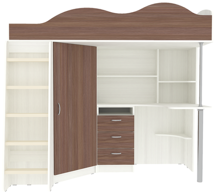 Кровать-чердак КарИВи Пионер с деревянной лестницей Белое Дерево Бодего Темный