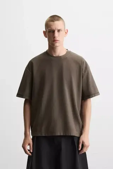 ZARA ФУТБОЛКА BOXY FIT HEAVYWEIGHT, КОРИЧНЕВЫЙ