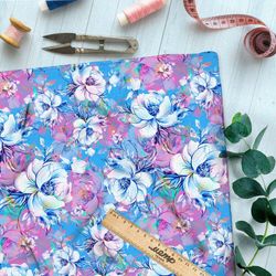 Ткань атлас клод моне «цветы на голубом фоне»