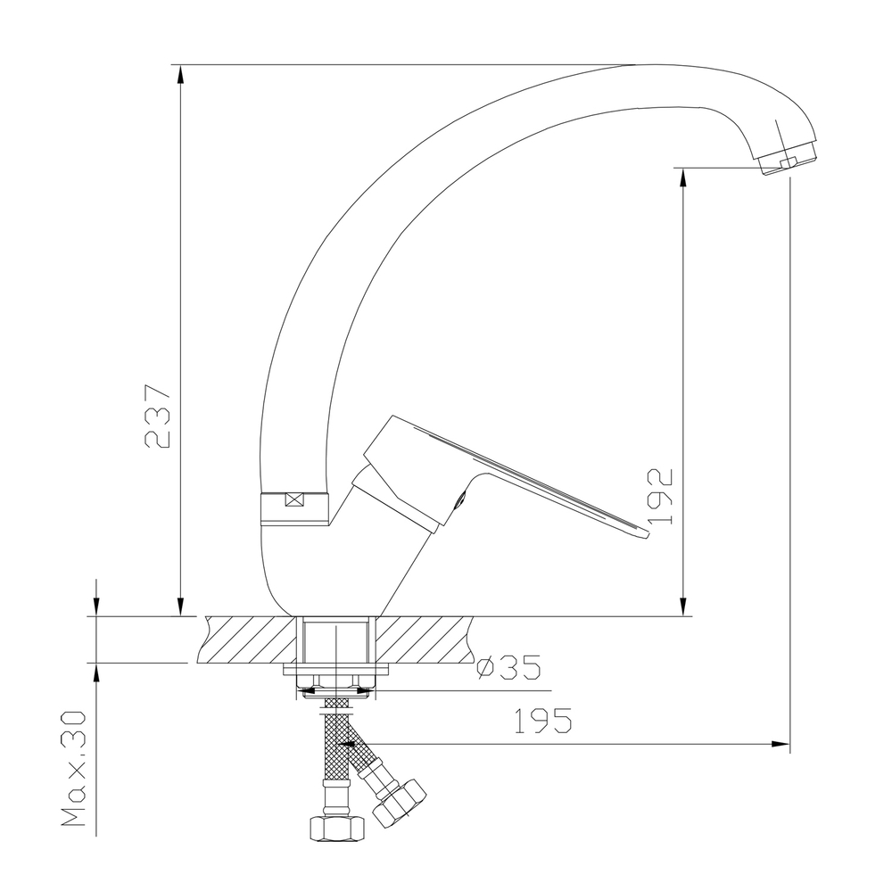 Смеситель для кухни 35k MIXLINE ML15-032W высокий излив б/отв боковая п/гайку (без подводки) БЕЛЫЙ