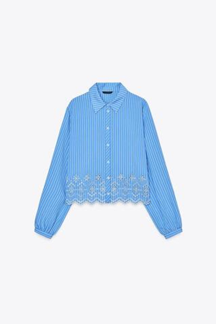 ZARA РУБАШКА В ПОЛОСКУ С АЖУРНОЙ ВЫШИВКОЙ, СИНИЙ/БЕЛЫЙ
