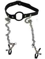 Черный кляп-кольцо с серебристым зажимами для сосков (Цвет: черный с серебристым)