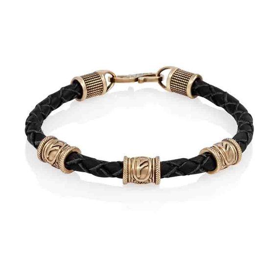 Браслет гайтан черный 5 мм с тремя рунами Феху Бронза, вид 1