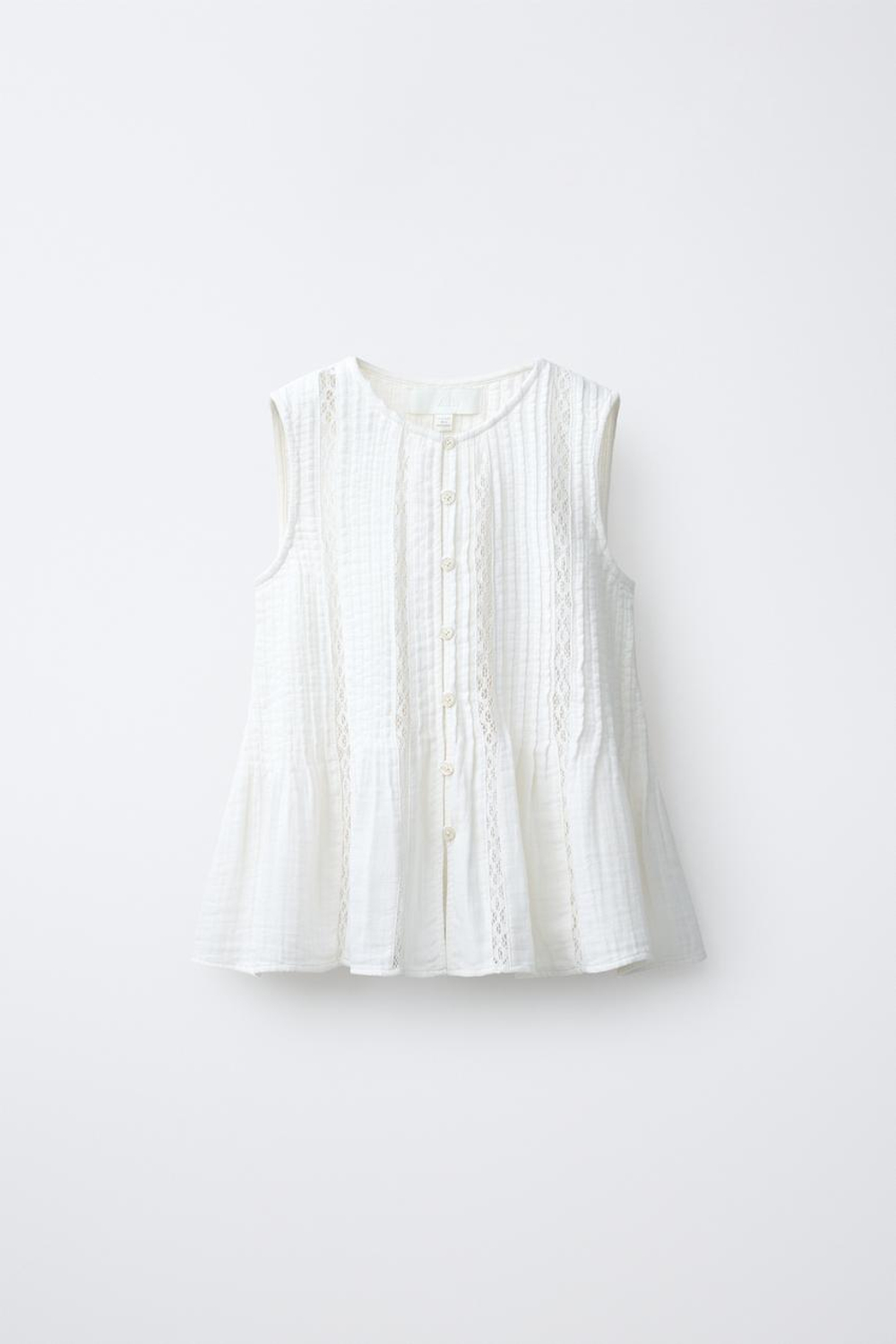 ZARA БЛУЗА С КРУЖЕВОМ И ЗАЩИПАМИ, ЭКРЮ