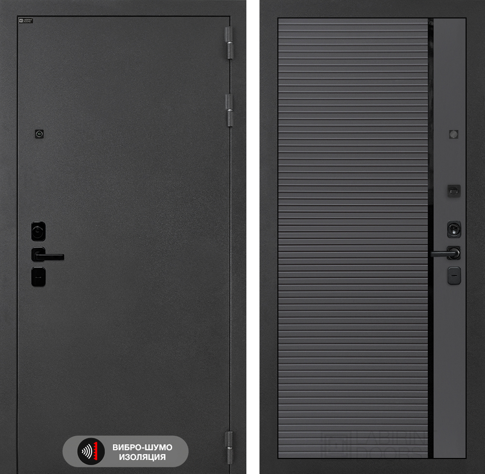 Дверь входная Лабиринт ACUSTIC 22 Графит софт, черная вставка металлическая