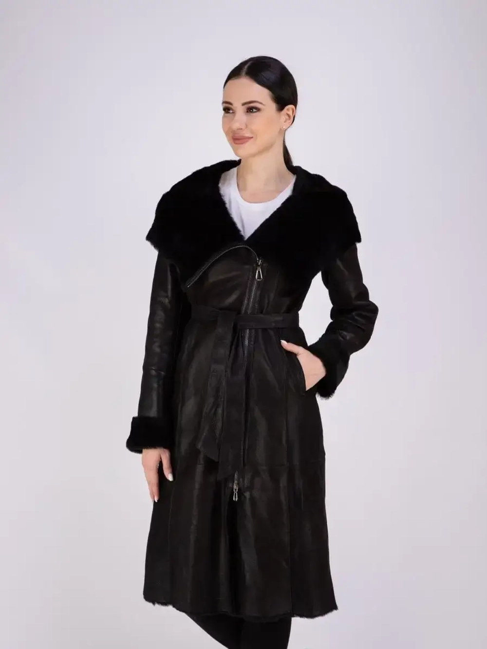 Дубленка женская зима натуральная длинная с капюшоном Турция