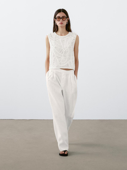 Massimo Dutti Топ из кружева кроше ажурной вязки с цветочным принтом, кремовый