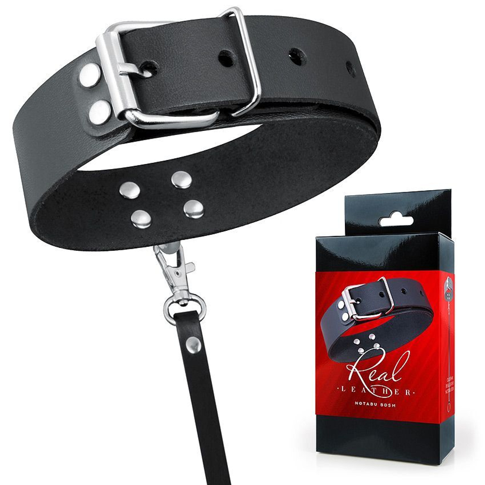 Черный кожаный ошейник с ремешком (Цвет: черный)