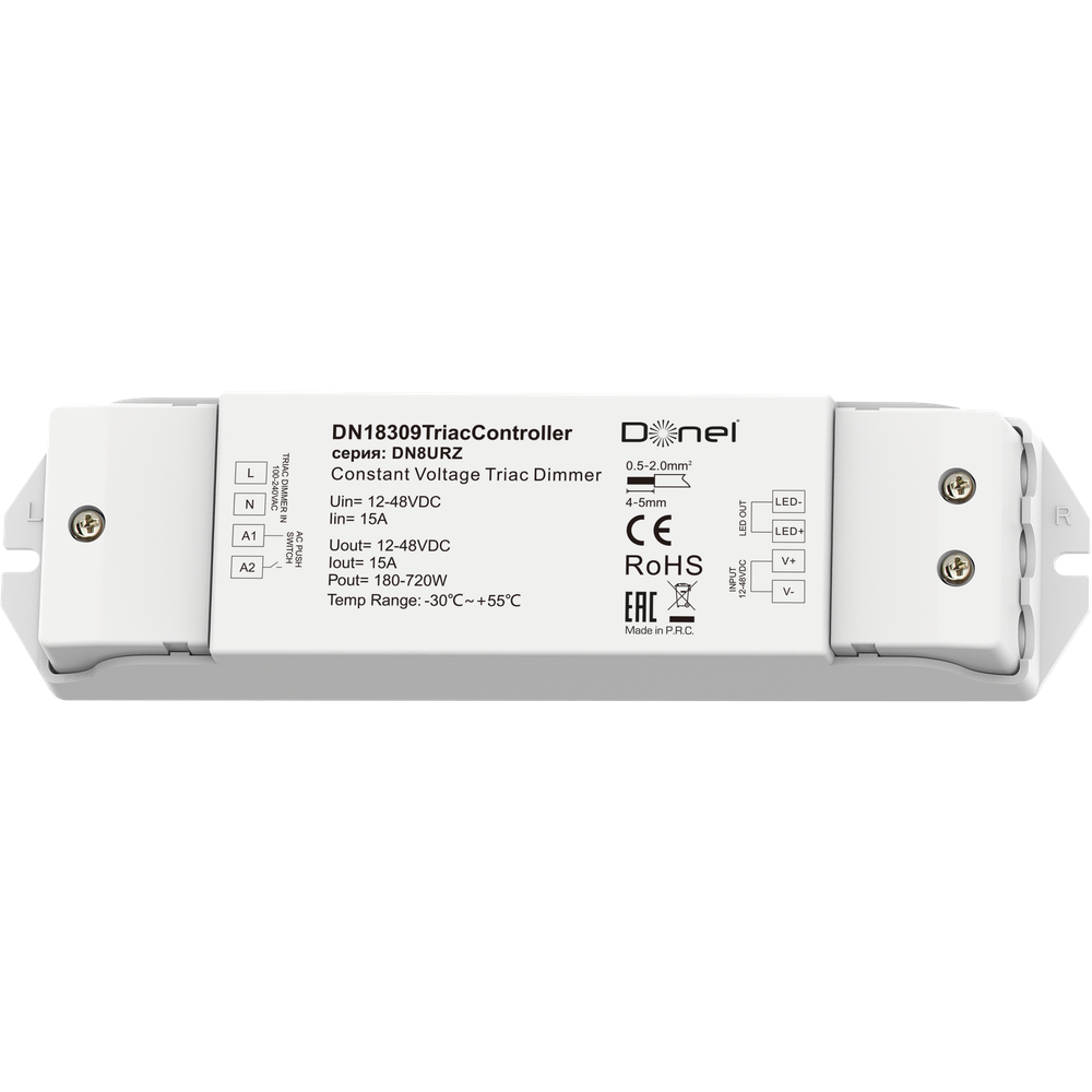 Triac контроллер,  напряжение питания 12-48V DC,  1х15А,  выходная мощность 1×(180-720)W,  Push-Dim