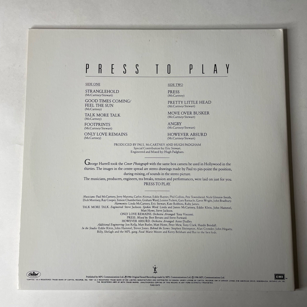 Винтажная виниловая пластинка LP Paul McCartney Press To Play (Канада 1986)