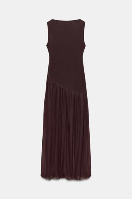 ZARA ДЛИННОЕ ПЛАТЬЕ ИЗ ПОЛУПРОЗРАЧНОЙ ТКАНИ, ТЕМНО-КОРИЧНЕВЫЙ