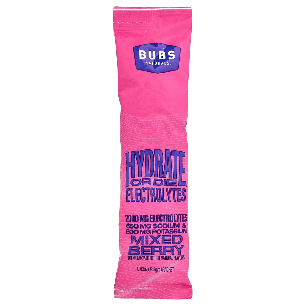 BUBS Naturals, Hydrate or Die®, смесь для приготовления электролитического напитка, со вкусом ягодного ассорти, 20 пакетиков по 12,3 г (0,43 унции)