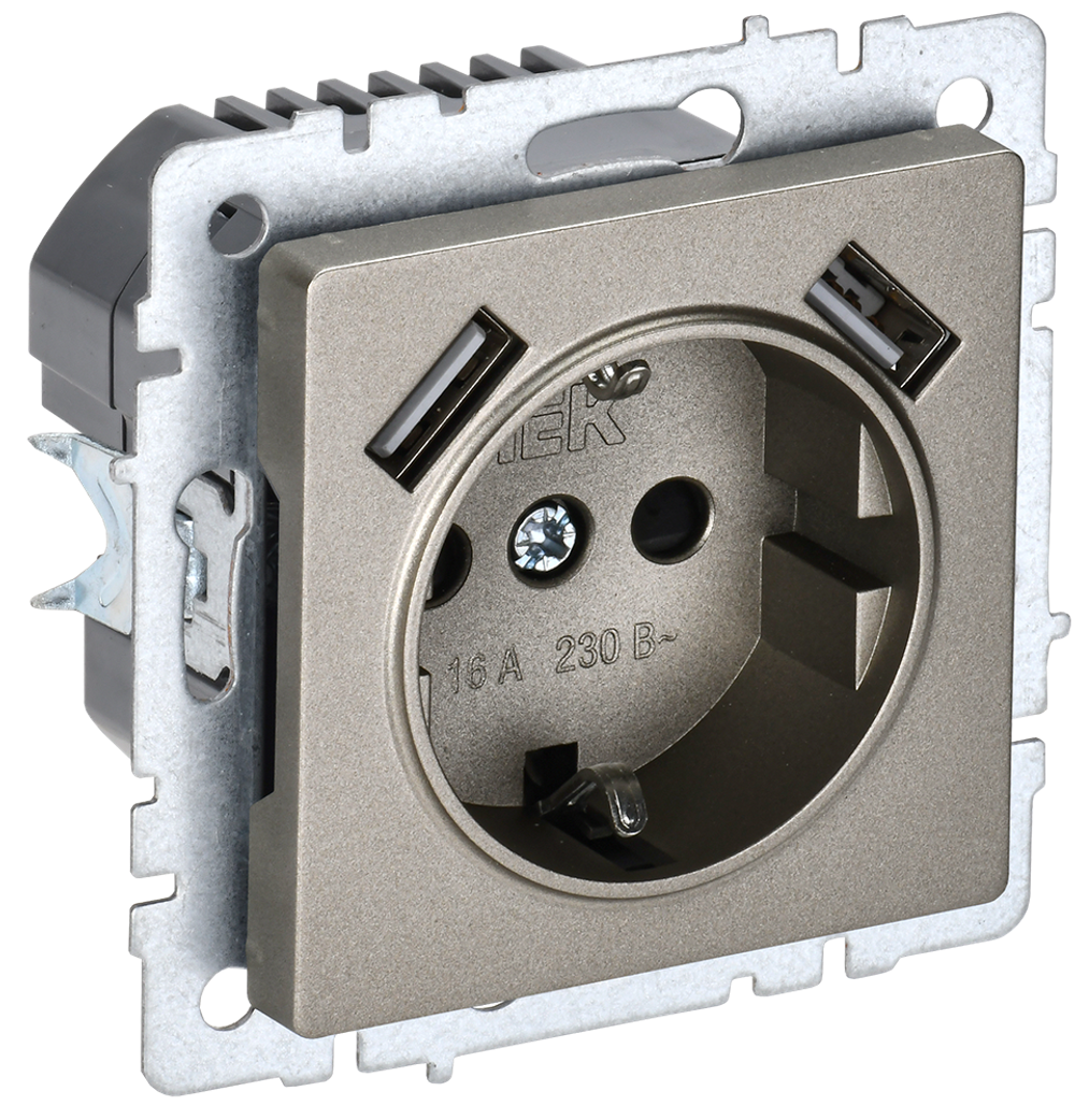BRITE Розетка 1-местная с заземлением с защитными шторками 16А с USB A+A 5В 3,1А РЮш10-2-БрШ шампань IEK