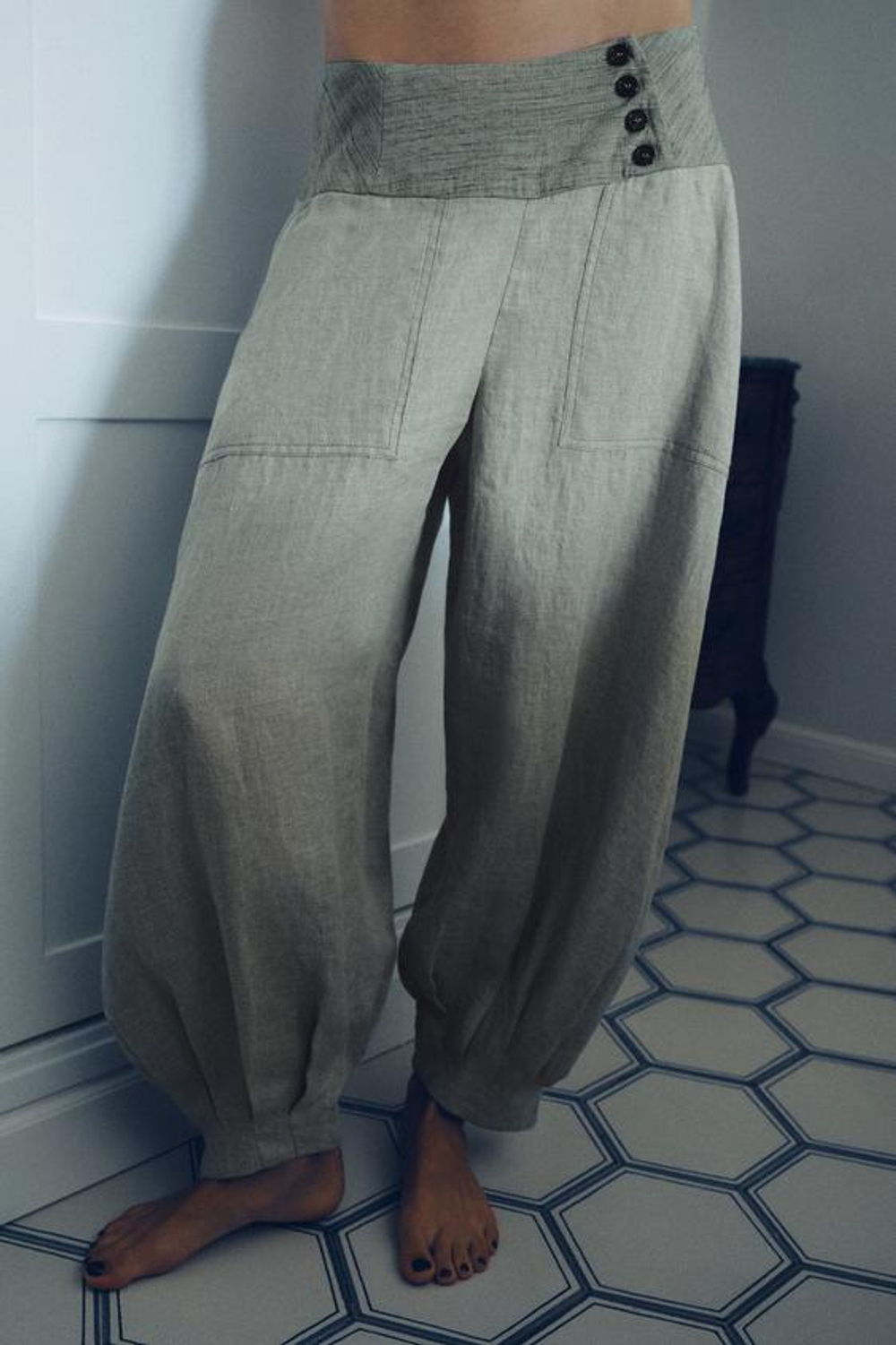 ZARA ШАРОВАРЫ ИЗ 100% ЛЬНА, ПОЛОСКИ
