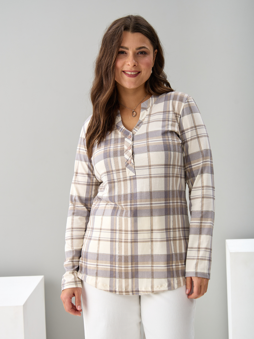 Блузка БЛ-22/клеткабеж-серебро