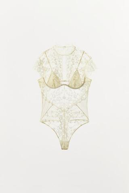 ZARA КОМБИНИРОВАННОЕ КРУЖЕВНОЕ БОДИ НА КОСТОЧКАХ, ЭКРЮ