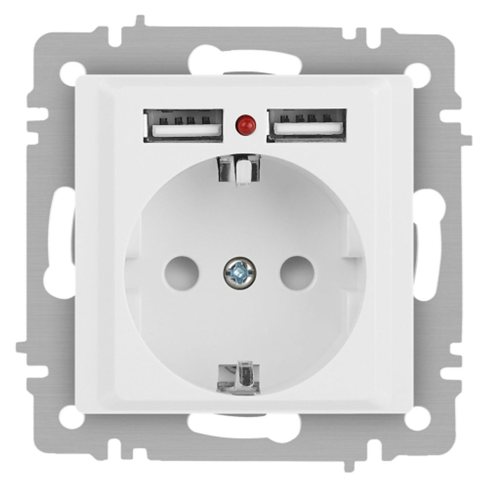 Розетка Intro Accent 6-410-01М с заземлением 2P+E Schuko со шторками 16А-250В + 2хUSB IP20 СУ белый матовый