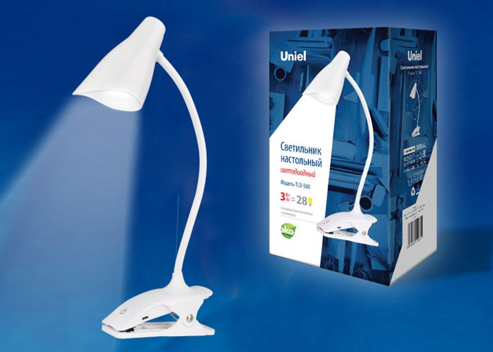 TLD-560 White/LED/280Lm/5000K/Dimmer Светильник настольный «прищепка», 3W. Сенсорный выключатель. Белый. ТМ Uniel