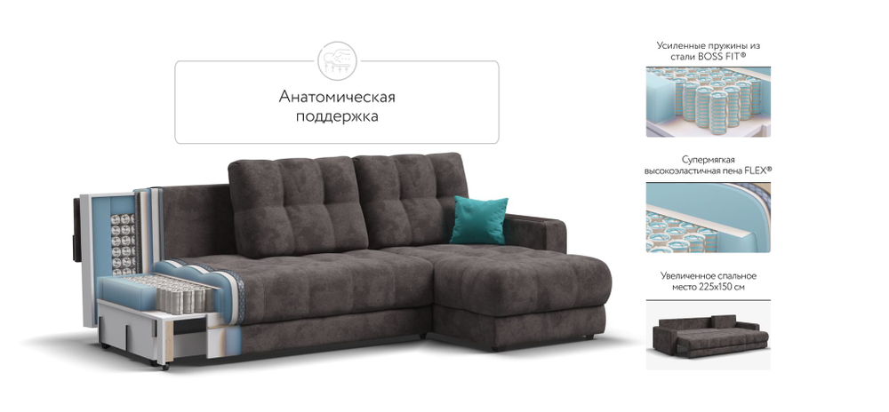 Угловой диван BOSS 3.0 Classic XL велюр Alkantara серый