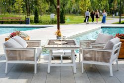 "Сан Ремо" диван 2-местный плетеный из роупа, каркас алюминий белый, роуп бежевый, ткань бежевая