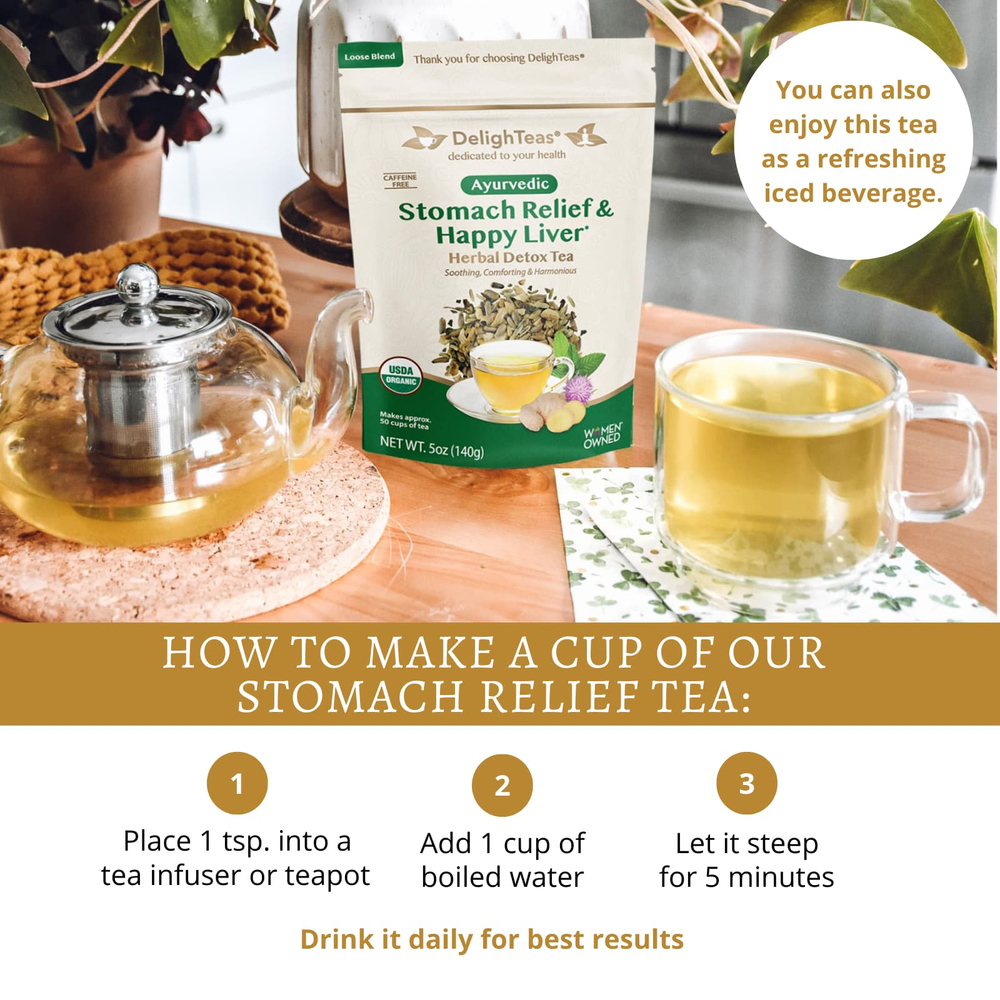 DelighTeas, Ayurvedic Stomach Relief & Happy Liver, травяной чай для выведения токсинов, рассыпчатая смесь, без кофеина, 140 г (5 унций)
