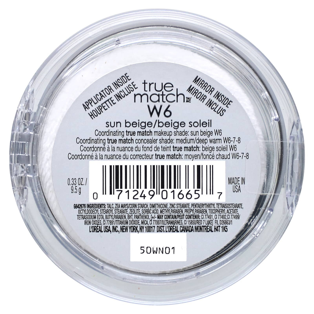 L'Oréal, True Match, супер-растушевка, пудра, W6 Sun-бежевый, 9,5 г, 0,33 унции