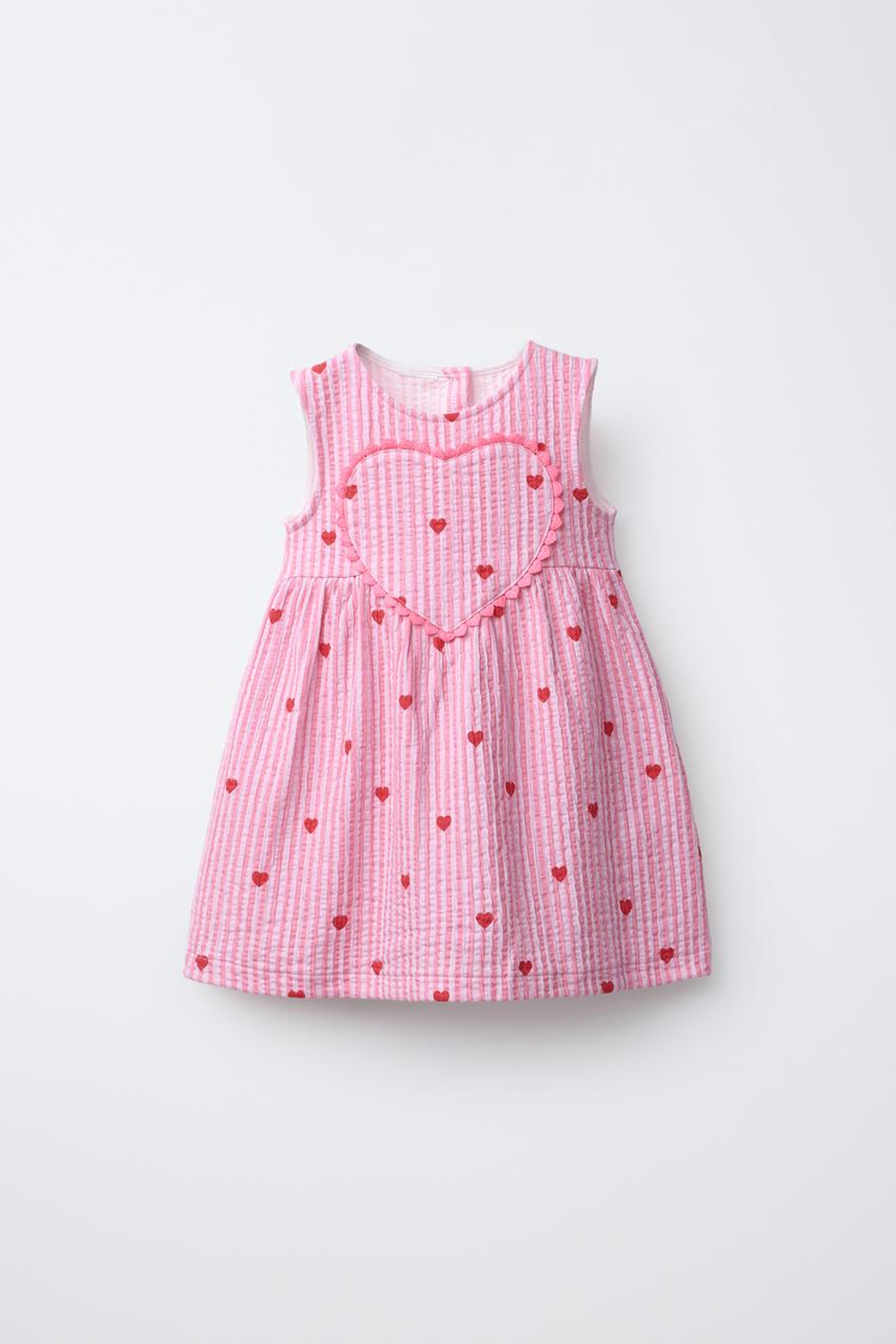 ZARA ПЛАТЬЕ В ПОЛОСКУ С СЕРДЦАМИ, ЦВЕТ ФУКСИИ