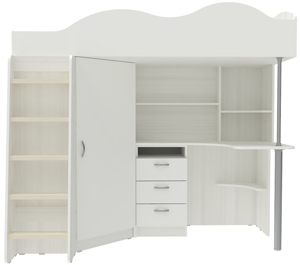 Кровать-чердак КарИВи Пионер с деревянной лестницей Белое Дерево Белый