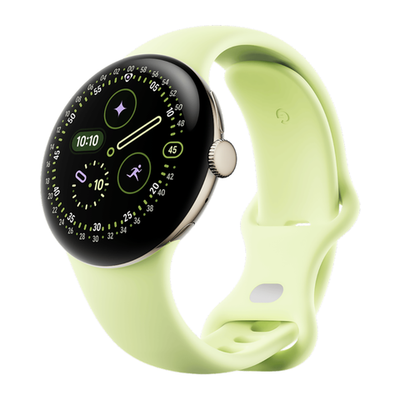 Умные часы Google Pixel Watch 4, 41 мм, Wi-Fi + LTE, ремешок цвета «лемонграсс» Корпус цвета «шампанское» из переработанного алюминия, ремешок из фторэластомера с покрытием «софт-тач» и застёжкой pin-and-tuck — на запястье обхватом 130–210 мм