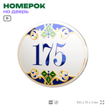 Номер на дверь квартиры 175, для кабинета, офиса, в средиземноморском стиле, шильдик 10 х 7,5 см, белый, Айдентика Технолоджи