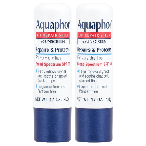 Aquaphor, Стик для восстановления губ + солнцезащитный крем, SPF 30, без отдушек, 2 стика по 4,8 г (0,17 унции)