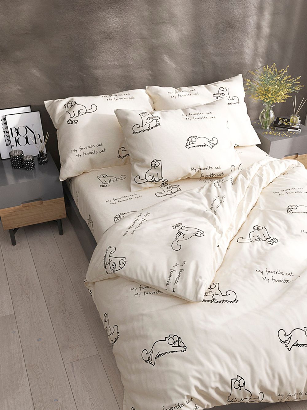 Постельное белье Сказка "Котики Грей" 2-спальный Наволочка 70х70 см 2 шт Простынь на резинке 160х200 см Пододеяльник 175х215 см, перкаль