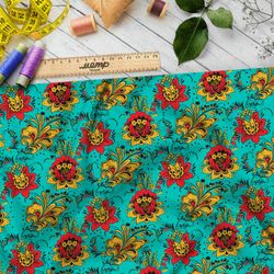 Ткань атлас редкая цветочная хохлома на бирюзовом фоне