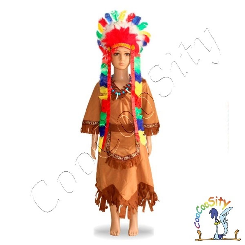костюм Индейской девочки, рост 100-120 см (платье, пояс, головной убор, ожерелье)
