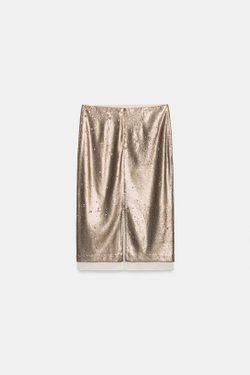 ZARA ЮБКА МИДИ С ПАЙЕТКАМИ — ZW COLLECTION, БЕЖЕВЫЙ
